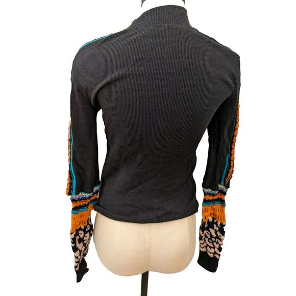 Free People Boho Sweater Blue Mock Neck Size S Crochet Detail Sleeves. - Picture 2 of 5